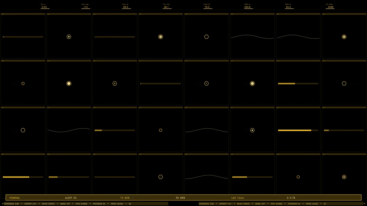An amber telemetry grid HUD element featuring thirty two active data cells, changing metrics, and status readouts. Loops seamlessly with a transparent alpha channel for video compositing
