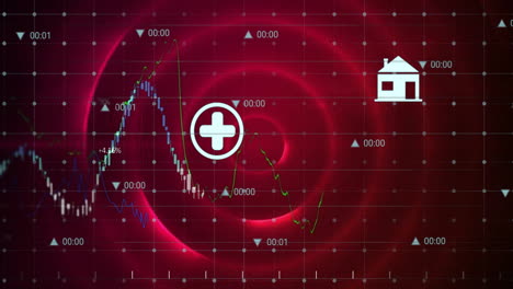 Animación-De-La-Red-De-íconos-Ecológicos-Sobre-Procesamiento-De-Datos-Y-Círculos-Rojos-Brillantes