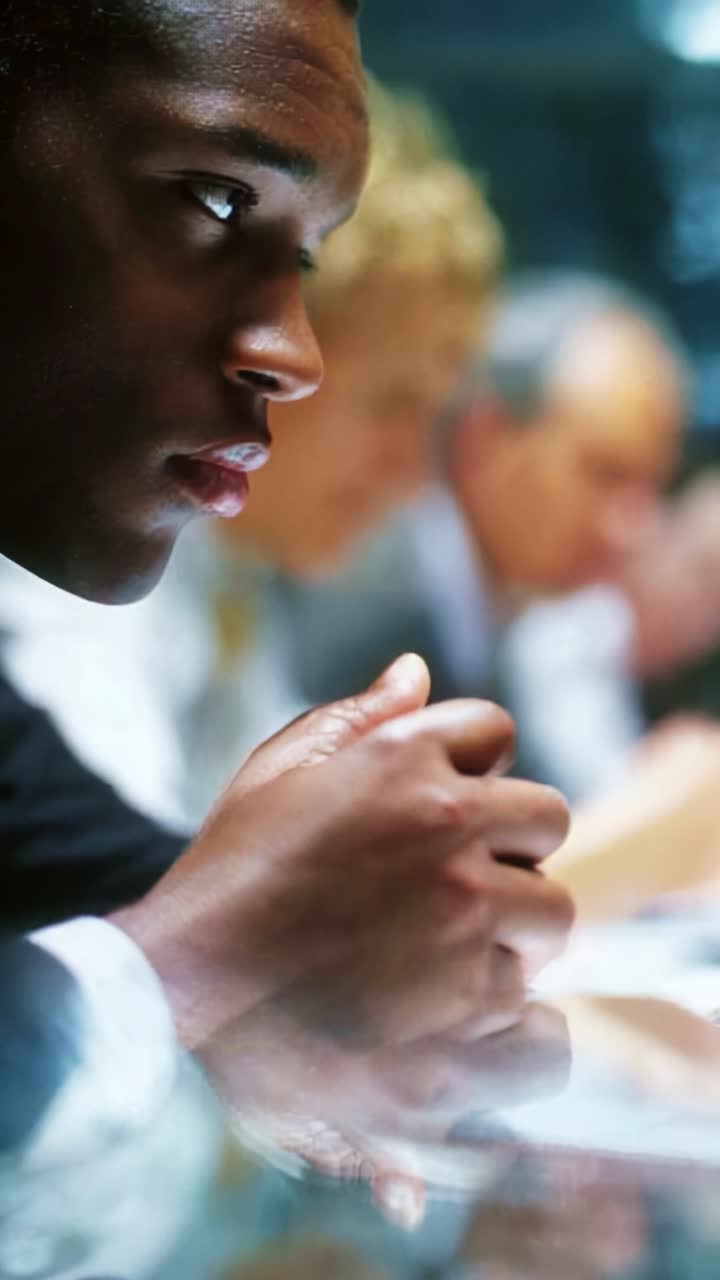 Focused business meeting with diverse participants engaged in discussion and attentive listening during a collaborative session in an executive environment