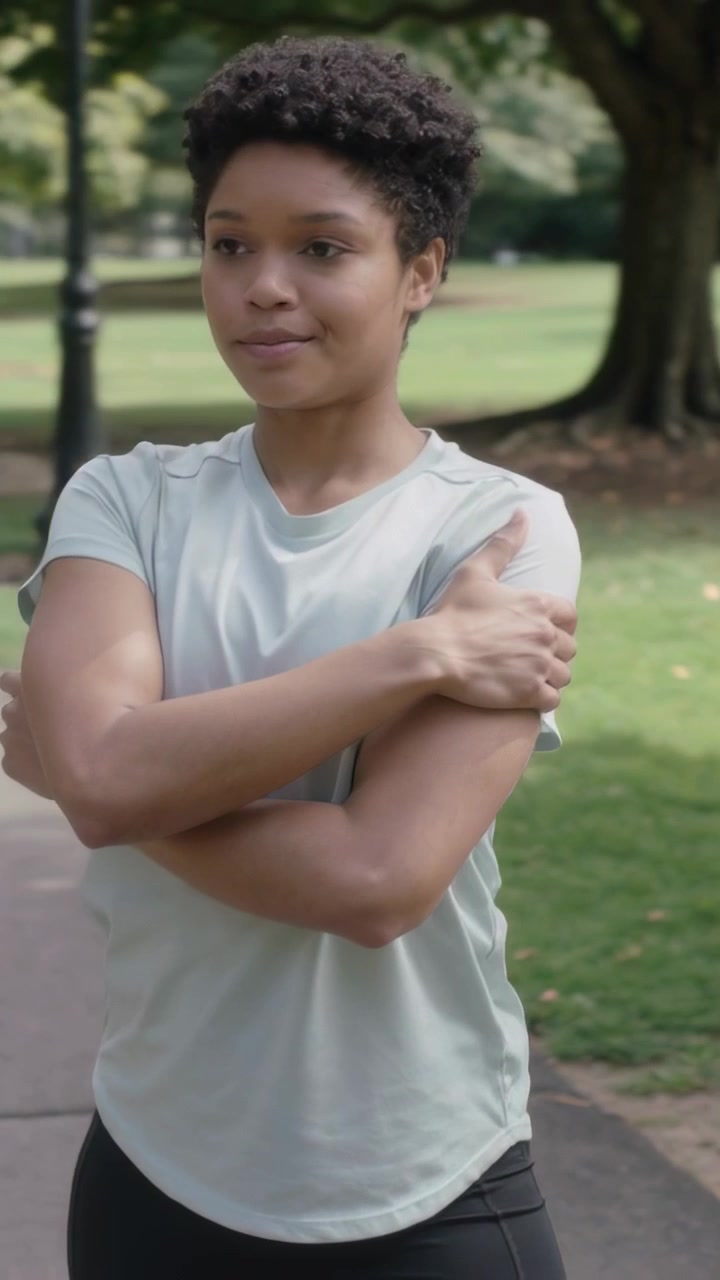 Video verticale: Donna che si riscalda facendo stretching incrociato al petto su un sentiero del parco, con maglietta color menta e leggings neri.