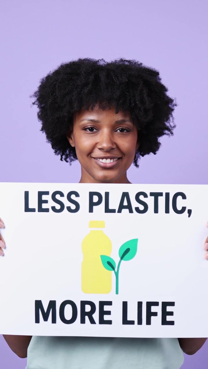 Giovane donna di colore che tiene un cartello ambientalista con la scritta 'Meno plastica, più vita'