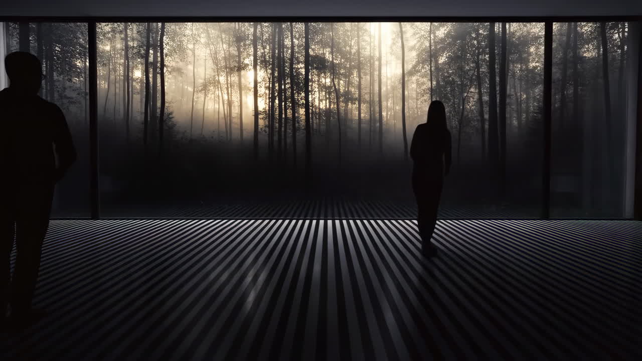 Silhouettes in a Modern Room Overlooking a Misty Forest