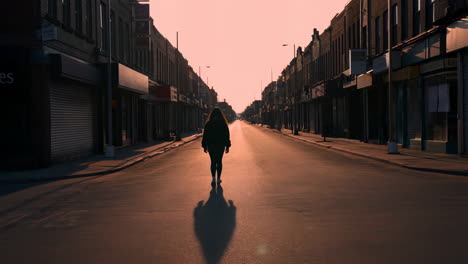 Lone Figure Walking Down an Empty Street at Sunset