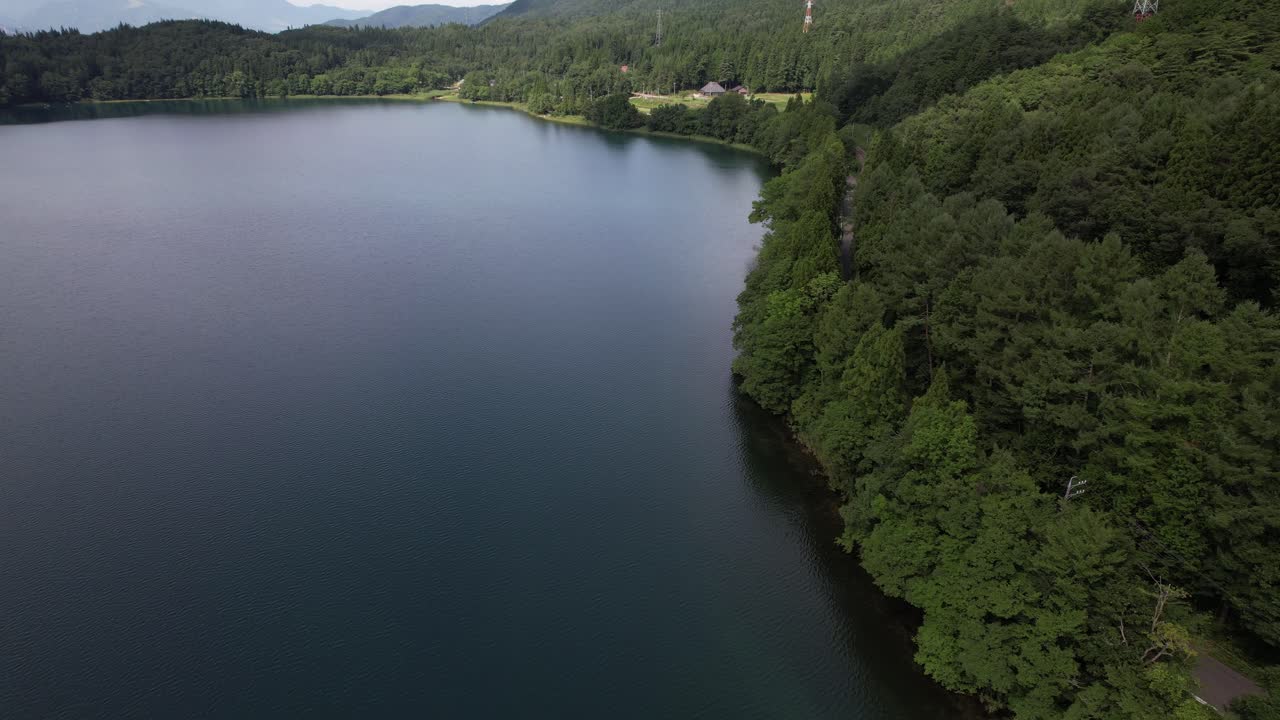Lakeside Forest Trees Of Lake Aoki In Omachi, Nagano Prefecture, Japan. Aerial Drone Shot