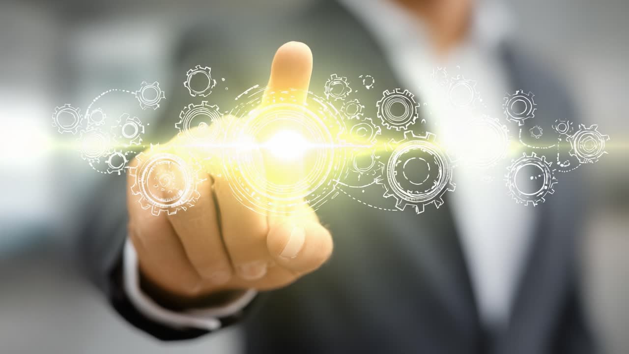 A Business Professional Engaging with Innovative Technology: Interactive Touchpoint with Transparent Gears and Light Effects for Digital Transformation