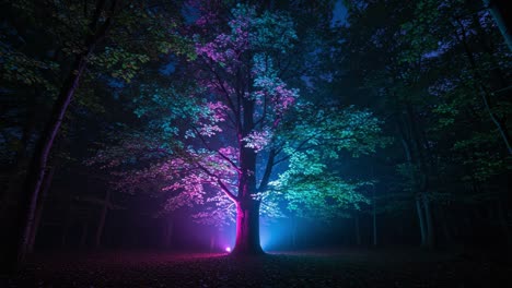 illuminated tree in a mystical forest: a captivating display of colorful lights and nature at night, creating a magical atmosphere with vibrant hues