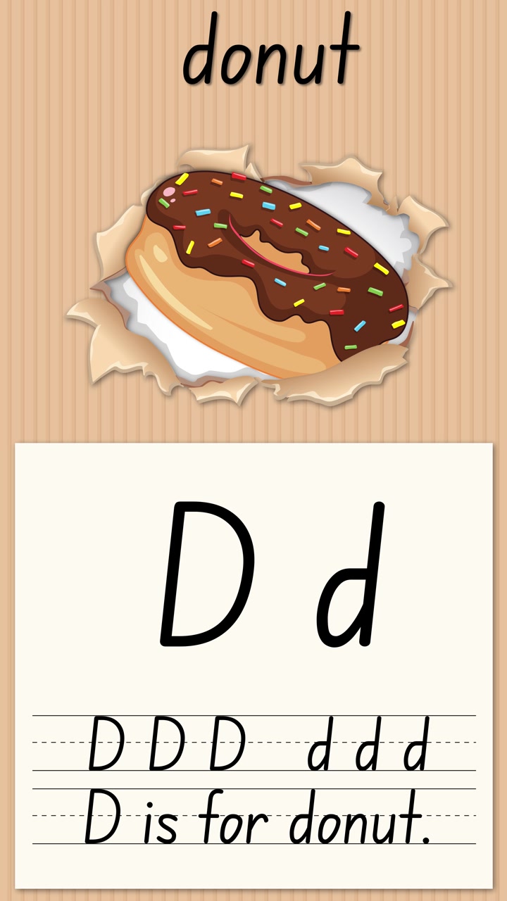 Animazione educativa che insegna la lettera D con l'illustrazione di una ciambella