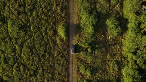 top down aerial view off road 4x4 car driving in a countryside field