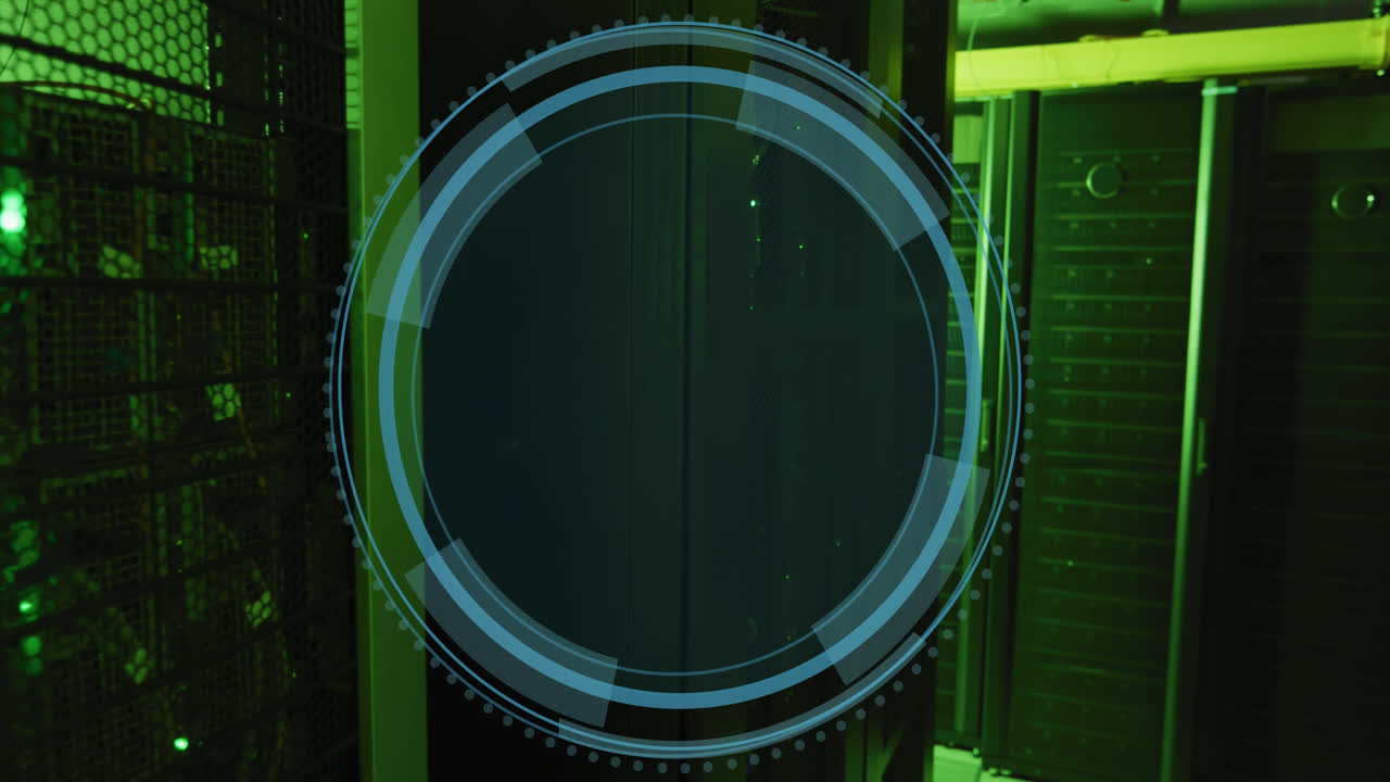 Animation of shield icon over data processing and server room