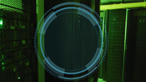 animation of shield icon over data processing and server room