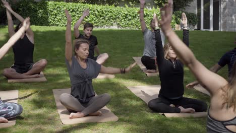 sportive people practicing yoga in park