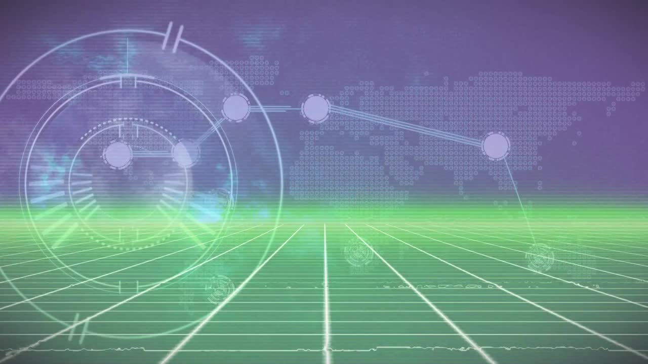 보라색과 초록색 디지털 공간을 가로지르는 라다와 연결의 애니메이션