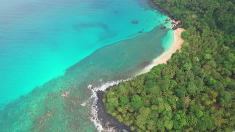 static bird's eye view of banana beach with small waves breaking along the shore of ilha do principe (prince island) são tomé,africa