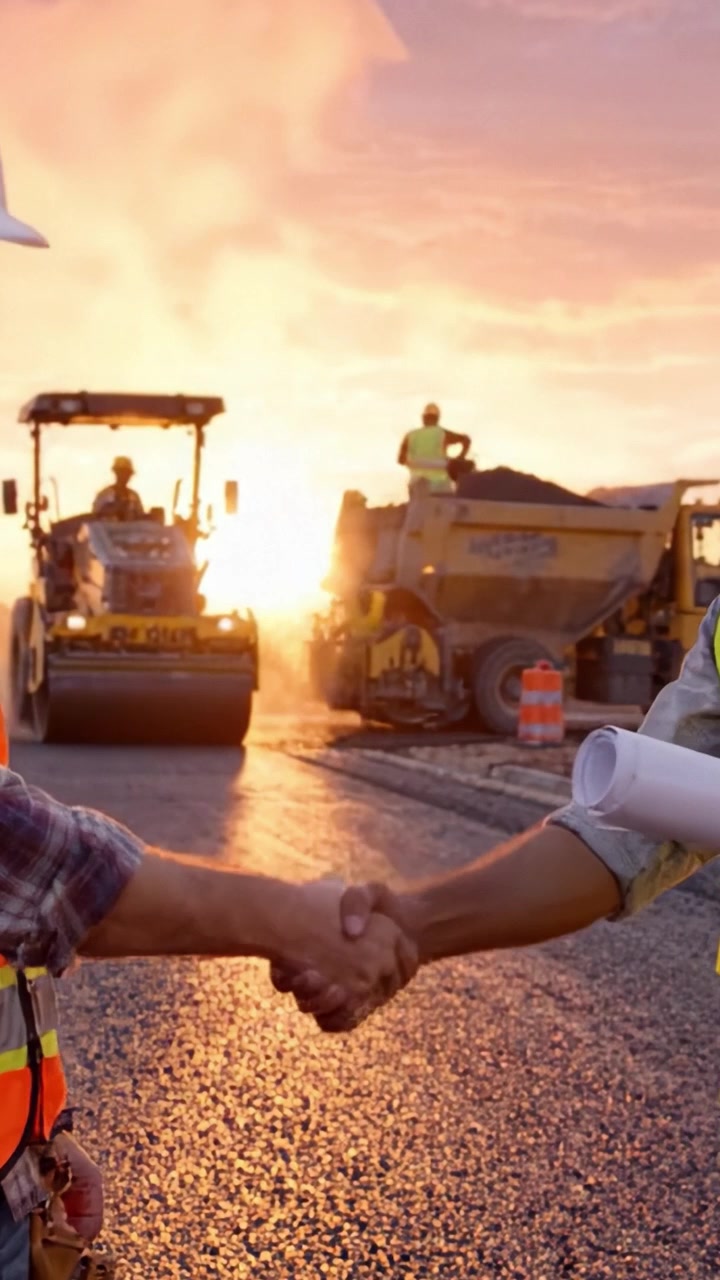 Heavy Construction Machinery at Work During Golden Hour, Showcasing Paving Process of Asphalt on Road with Vibrant Sunset Background