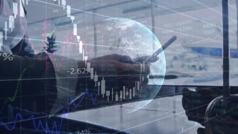 procesamiento de datos del mercado de valores contra la sección media de los empresarios que usan teléfonos inteligentes en el aeropuerto