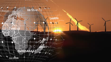 animation of globe with coordinates over wind turbines and clouds