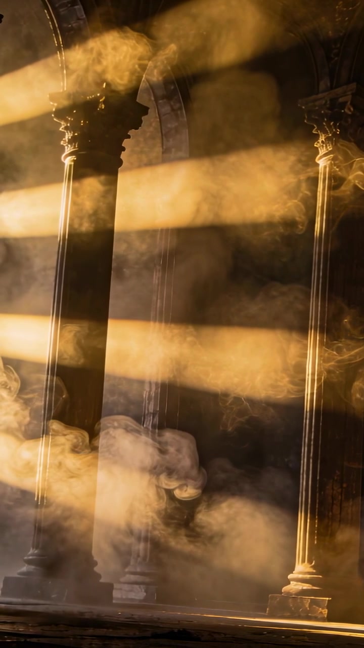 Video verticale: Luce solare che entra in una sala, evidenziando nuvole di polvere che si avvolgono attorno a colonne ornate