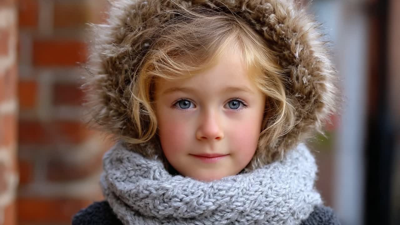 A smiling child in a cozy winter outfit, featuring a fluffy hood and warm grey scarf, radiating joy and warmth amidst a rustic brick backdrop