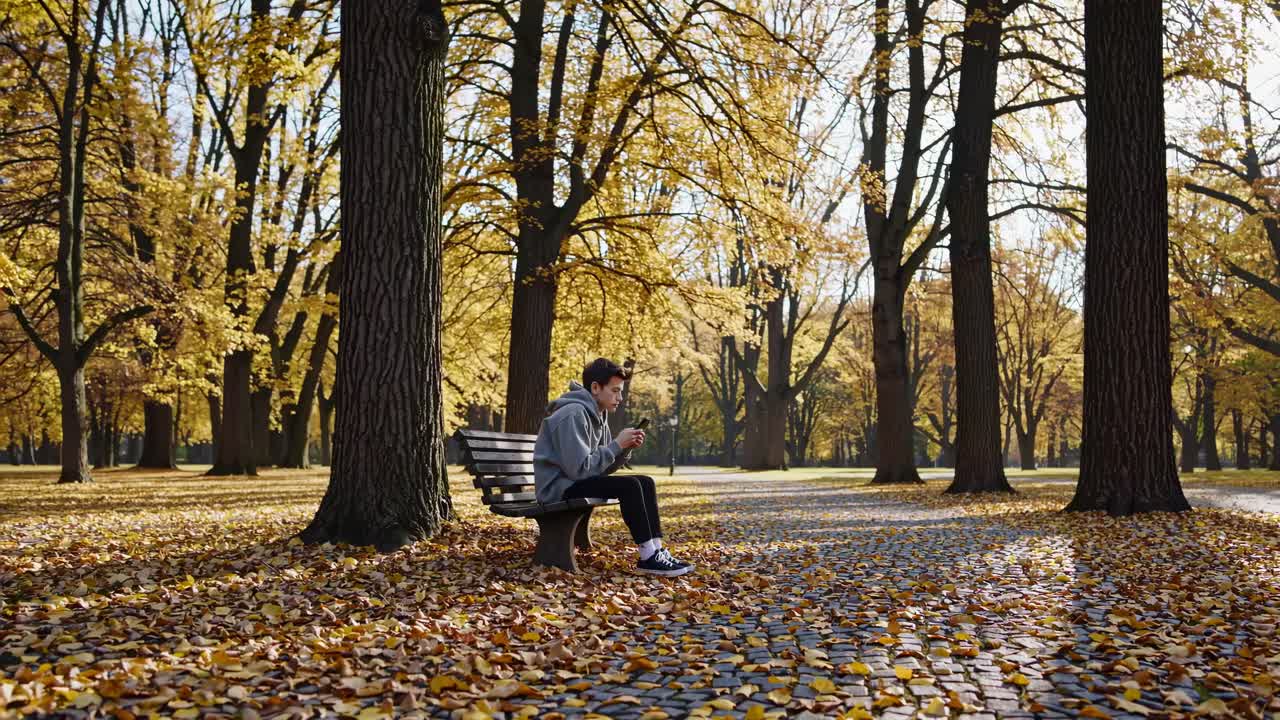 A young person in a hoodie films a video on a smartphone in a park