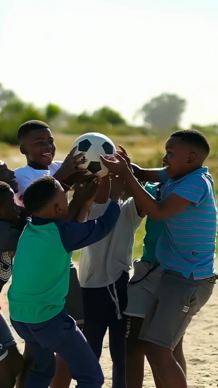 Vertical video: Placing hands on soccer ball, six boys lifting, tossing ball at sandy field for fun