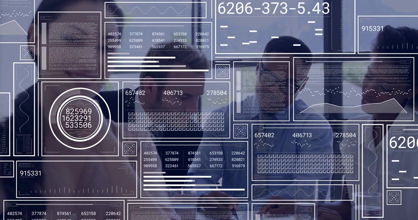 HUD overlay appearing, leading man with tie annotating papers while team discussing business data