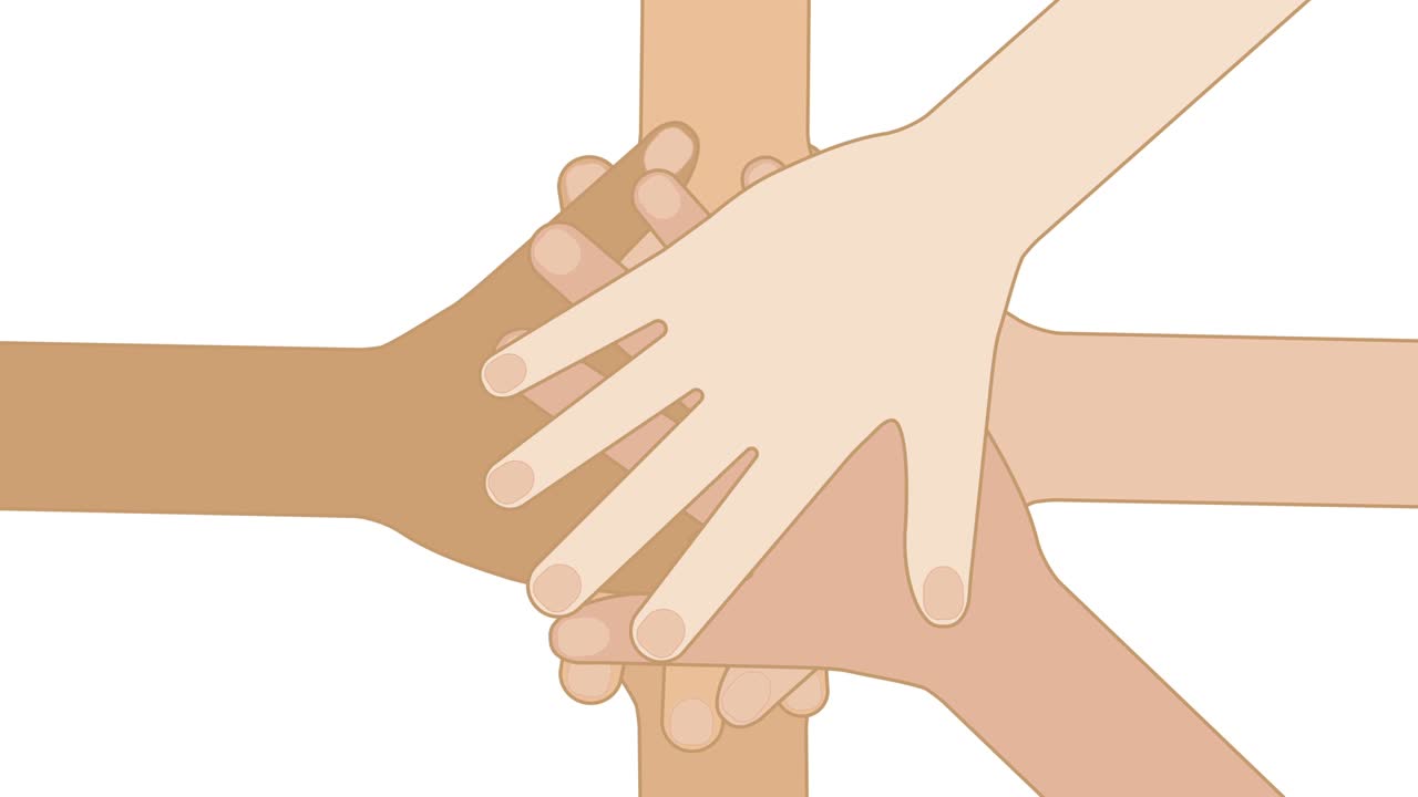 Palm of the hand on the palm, the unity of different nationalities. Isolated animation.