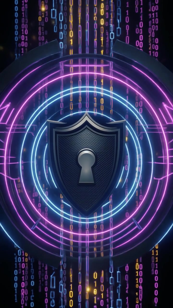 Digital Security Shield with Falling Binary Code Background