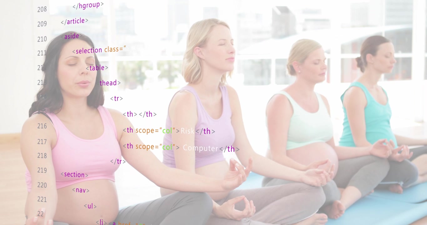 Neljä raskaana olevaa naista asettaa kätensä polvilleen, sulkee silmänsä ja aloittaa meditaation hengitysikonien avulla.