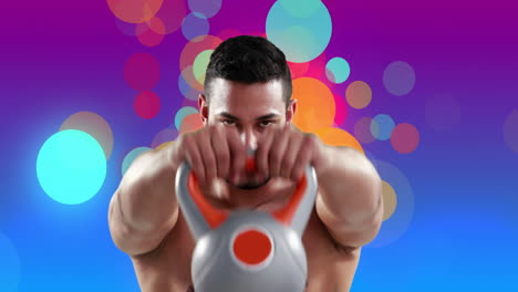 animation of shirtless fit biracial man working out with kettlebell over colourful light spots