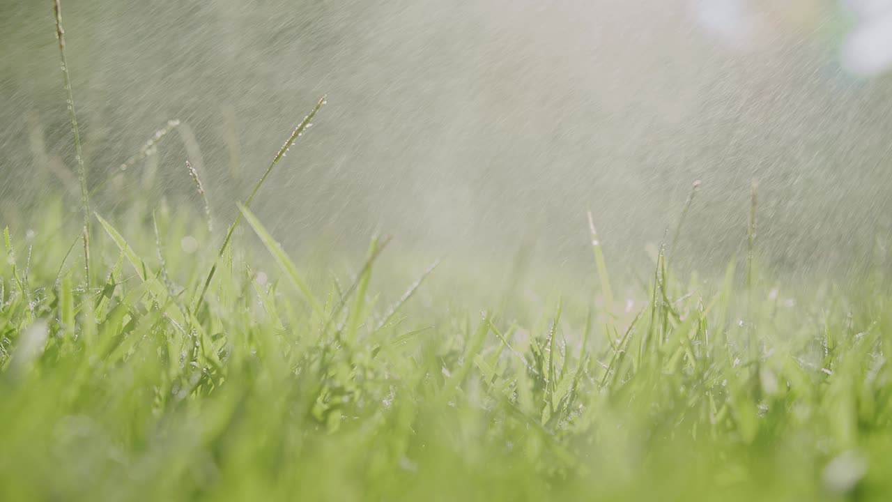 slow motion of falling Water Dew drops on fresh green grass lawn with sunlight rays flare shining in the morning