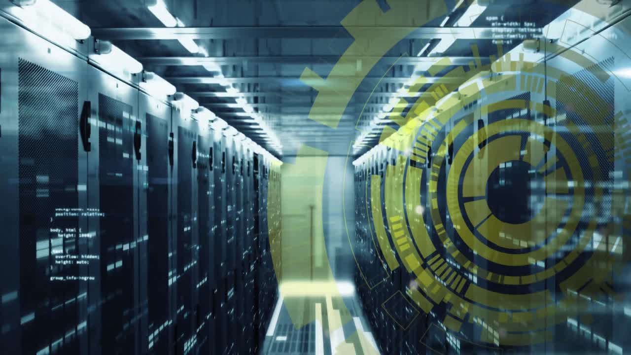 animación de círculos de carga sobre el lenguaje de la computadora contra barras en la sala del servidor