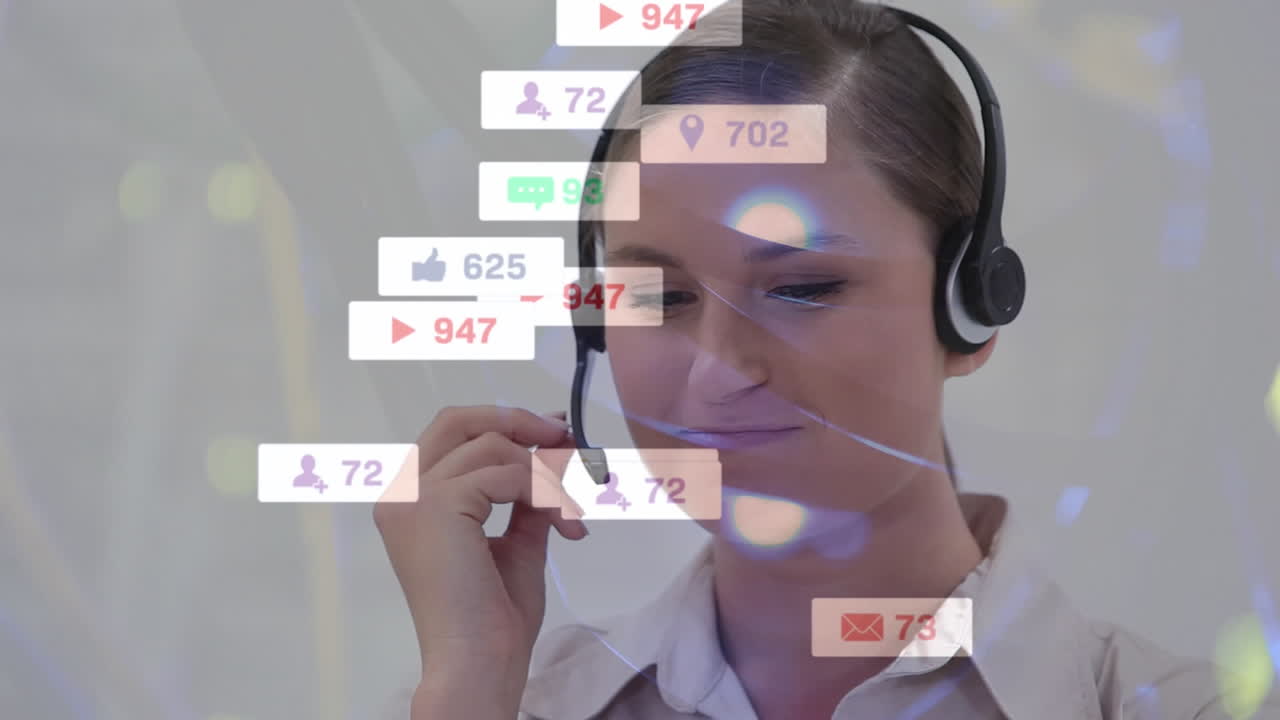 animación de iconos sobre una mujer de negocios con auriculares