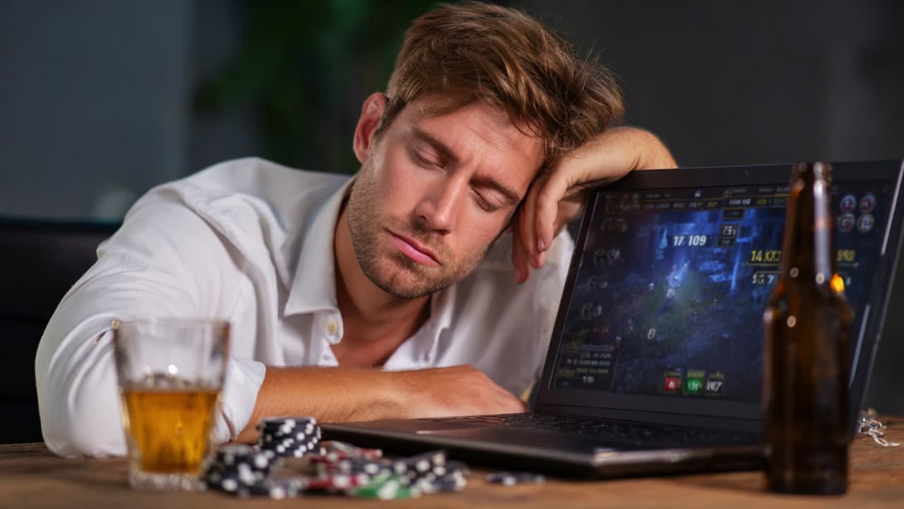 A Young Man Observes His Online Gaming Setup in Disappointment After a Long Night of Play, Reflecting the Emotional Toll of Online Gaming and Its Impact on Personal Well-being and Focus