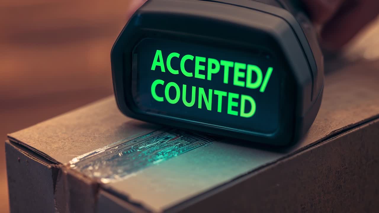 Lighting up handheld scanner showing green text on shipping box, confirming package processing