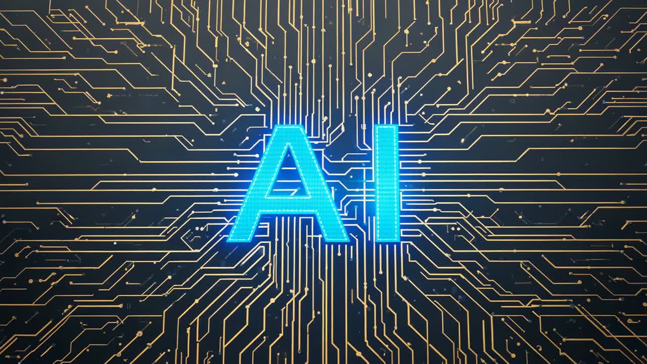 Sending pulses lighting golden circuit traces, unveiling glowing blue AI text and showing data flow