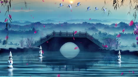 Mysterious-landscape-China's-traditional-Oriental-Digital-Art-animation,-Chinese-retro-painting-ink-misty-mountain-with-flowers,-tree,-birds,-river-in-fog-background