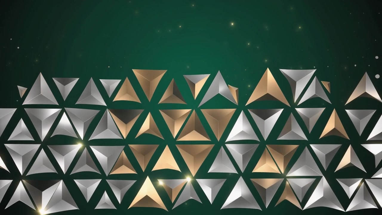 Abstract Animation of Floating Gold and Silver Triangles on Green Background