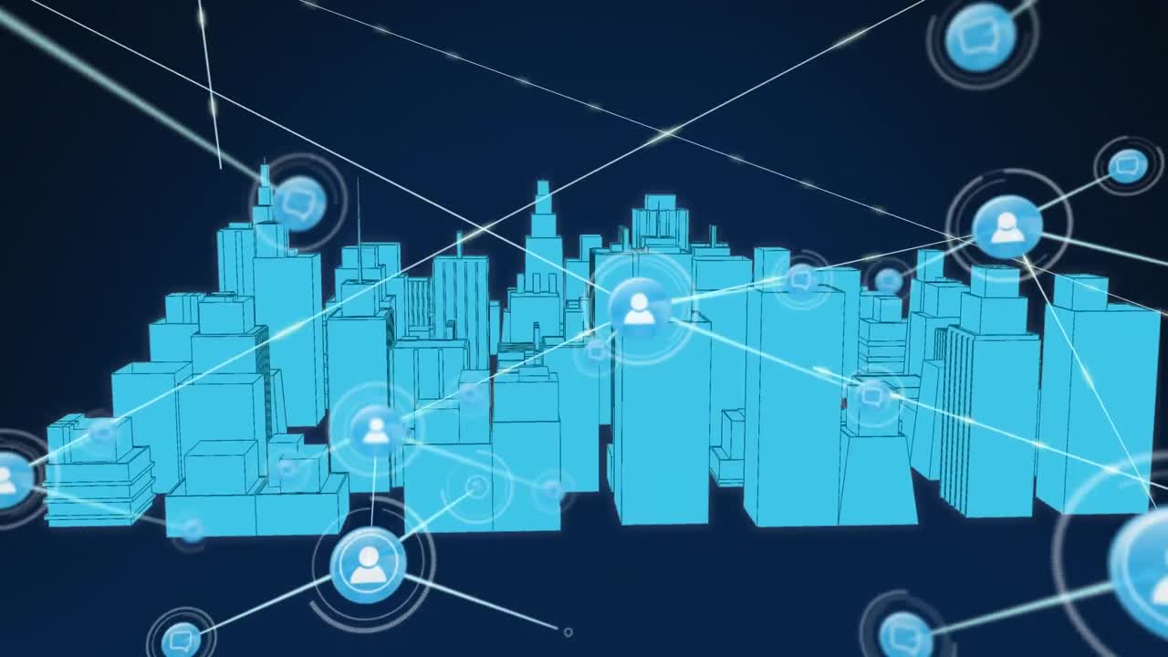 Animation of network of connections over metaverse cityscape on dark blue background