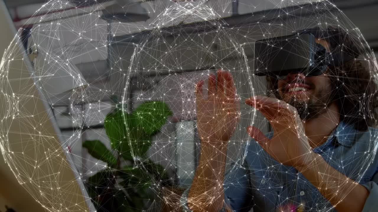 animación de la red de conexiones sobre el hombre de negocios caucásico usando auriculares vr