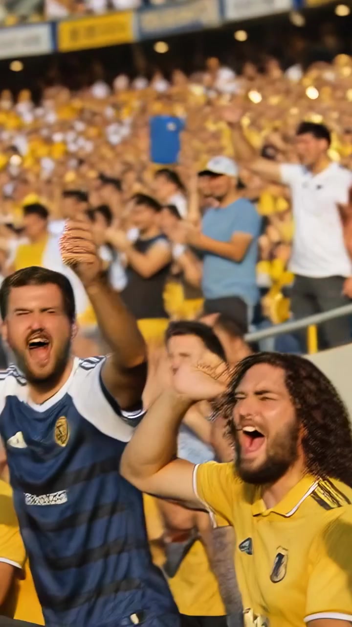 Video vertical: Aficionado gritando y levantando los puños en el estadio después de una gran jugada, con camiseta azul marino y teléfono.