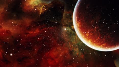 a planet among the red nebula clouds in the universe