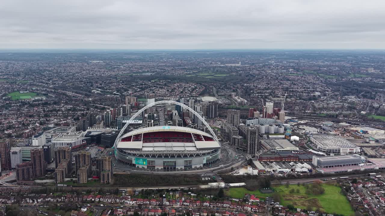 Aerial View of Wembley Stadium On Cloudy Sunset In Wembley, London, UK.