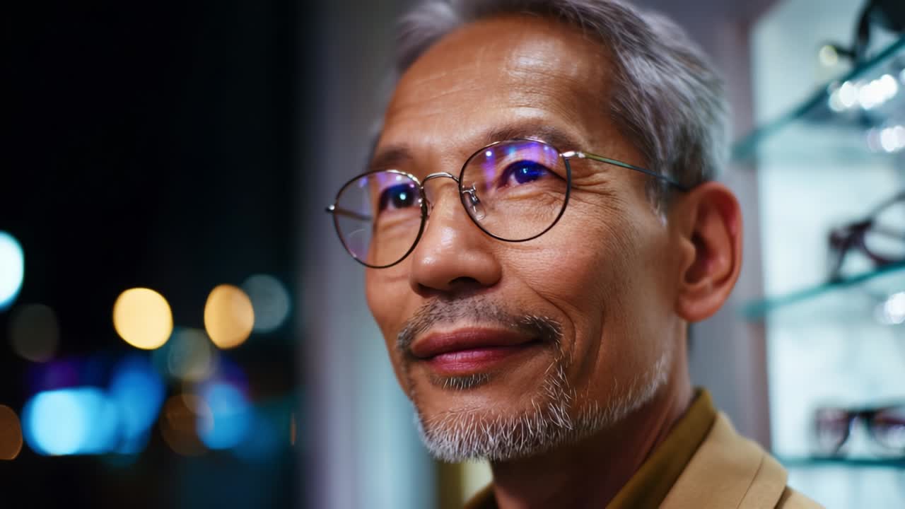 Captivating Portrait of an Experienced Man with Distinctive Eyewear, Radiating Calmness and Wisdom Against a Vibrant Night Backdrop Highlighted by Soft Bokeh. A Study of Character and Time