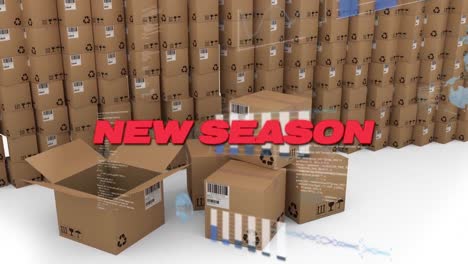 animation of graphs, globe, computer language and new season text over cardboard boxes
