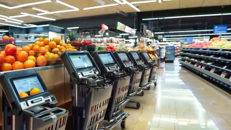self-checkout shopping carts in a supermarket