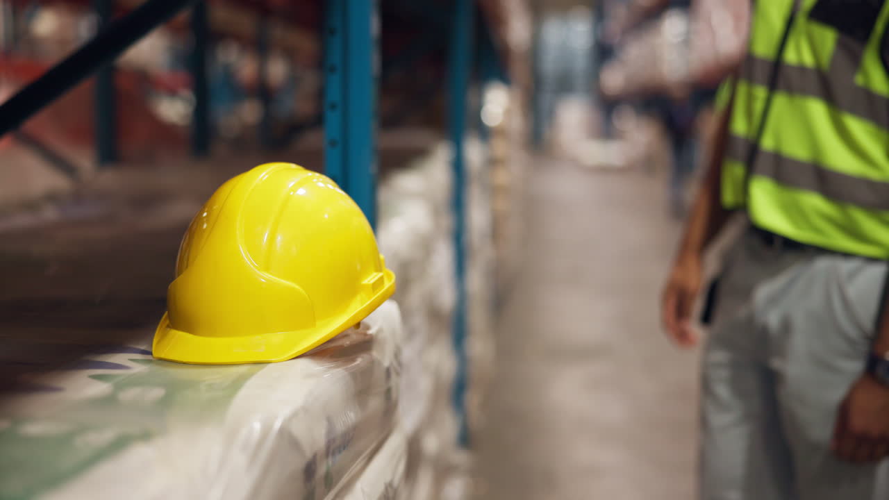 Operaio che raccoglie un casco di sicurezza giallo in magazzino