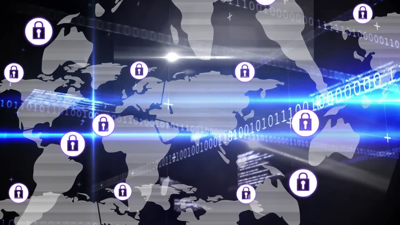 바이너리 코딩과 세계 지도 위의 아이콘으로 연결 네트워크의 애니메이션