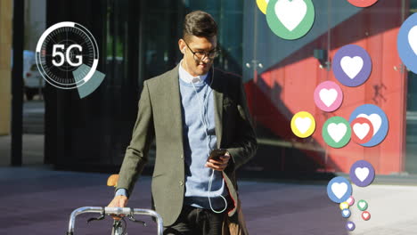 5g text on circles and digital icons moving against person with bicycle using smartphone