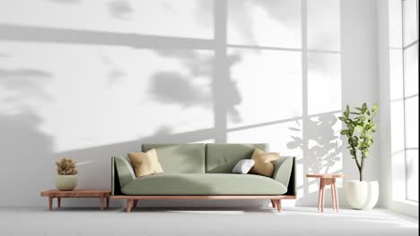 modern apartment living room with couch and shadows clouds on the grey wall by gently summer wind breeze rendering animation architecture interior design concept