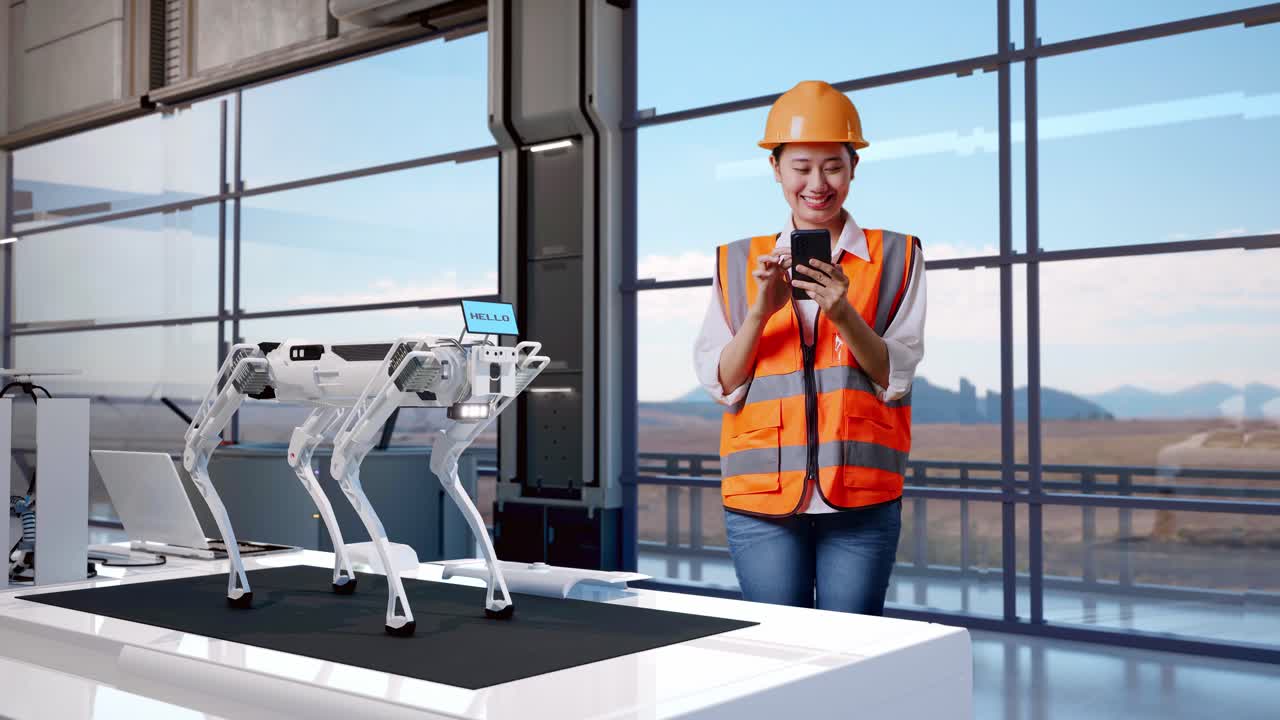 Full Body Of Asian Female Engineer With Safety Helmet Using Smartphone While Standing In High Tech Factory, Analyzing Robotic Machine Concept